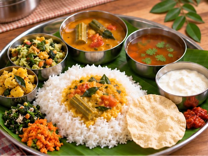 A South Indian meal of rice, sambar, rasam, poriyal and curd on a banana leaf